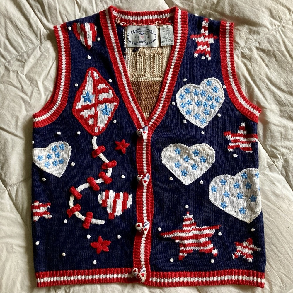 Vtg 1996 Eagles Eye Hand Knit Sweater Vest 3D Americana Marching Band USA Med - Picture 2 of 16